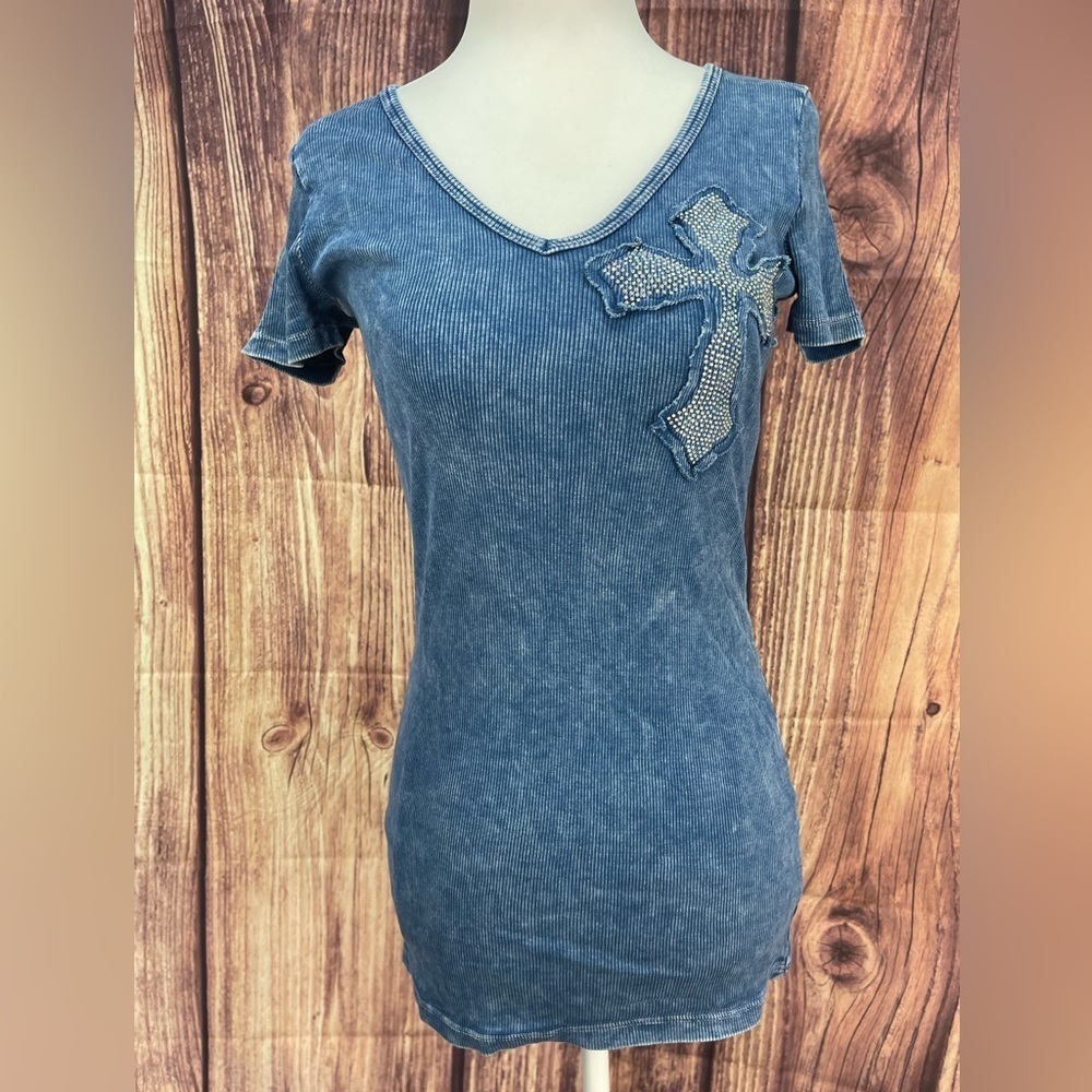 Vocal stretch faux crystal rhinestone crosses blue T-shirt women’s M